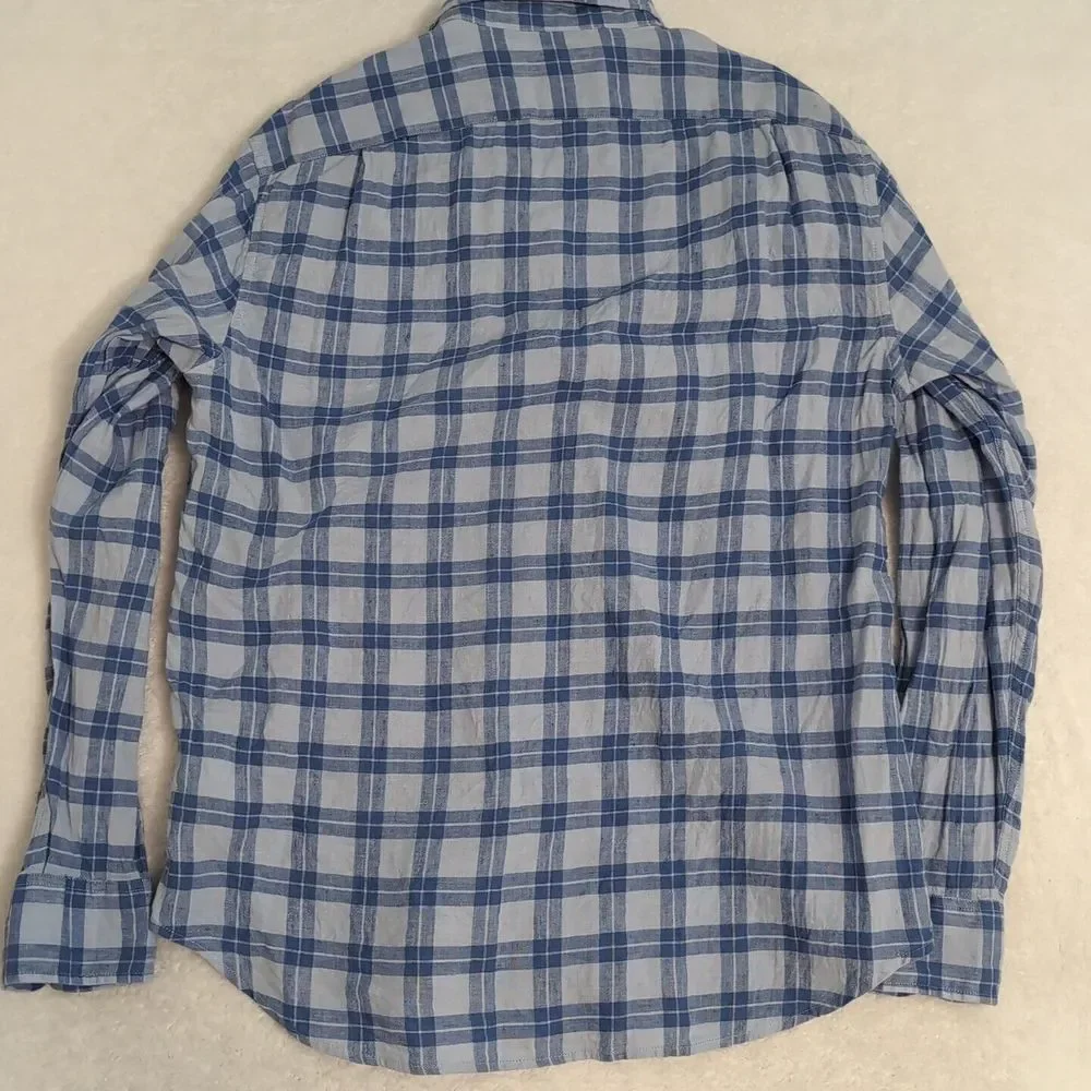 JCrew Shirt Mens L‎ Blue Plaid Slim Fit Linen Bkend Button Down Casual EUC